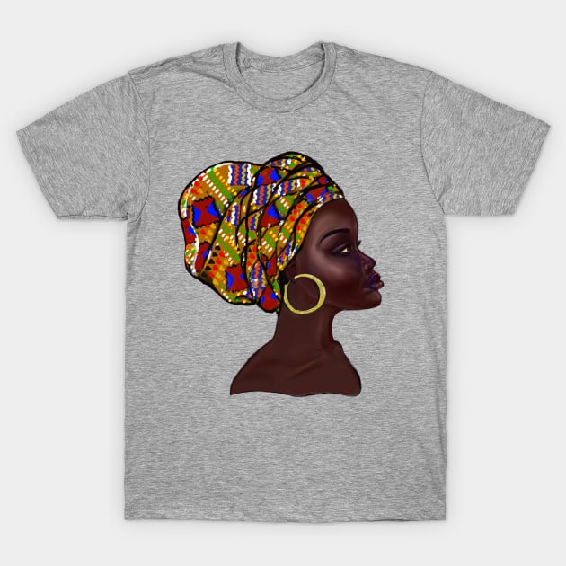 Afro queen With Kinte headwrap- Mahagony brown skin girl with thick glorious, curly Afro Hair and gold hoop earrings T-Shirt by Artonmytee